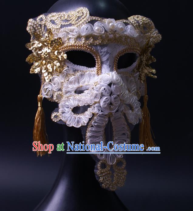 Deluxe Stage Performance Headpiece Halloween Cosplay Woman White Silk Flowers Mask Handmade Pearls Face Mask