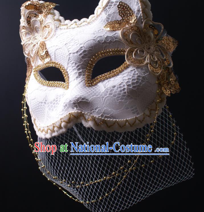 Handmade White Lace Fox Face Mask Deluxe Stage Performance Headpiece Halloween Cosplay Woman Veil Mask