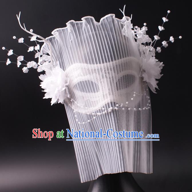 Halloween Cosplay Party White Veil Mask Handmade Face Mask Deluxe Stage Performance Blinder Headpiece