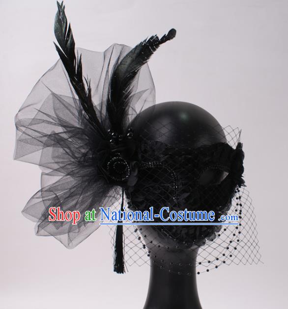 Handmade Face Mask Halloween Deluxe Stage Performance Blinder Headpiece Cosplay Party Black Feather Mask