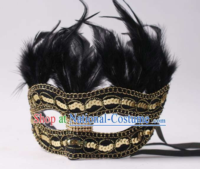 Professional Party Performance Black Feather Face Mask Rio Carnival Headwear Cosplay Golden Sequins Mask