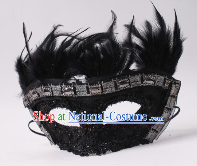 Professional Rio Carnival Black Feather Blinder Headwear Cosplay Lace Mask Party Performance Face Mask