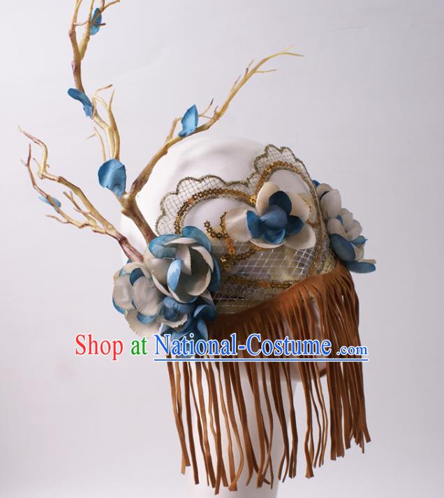 Cosplay Party Deluxe Brown Tassel Mask Handmade Silk Flowers Branch Face Mask Halloween Stage Performance Blinder Headpiece