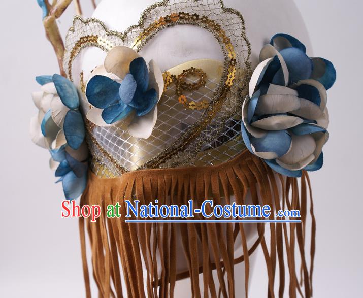 Cosplay Party Deluxe Brown Tassel Mask Handmade Silk Flowers Branch Face Mask Halloween Stage Performance Blinder Headpiece