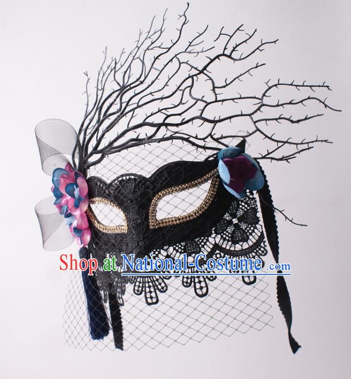 Halloween Stage Performance Blinder Headpiece Cosplay Party Deluxe Black Lace Mask Handmade Branch Face Mask