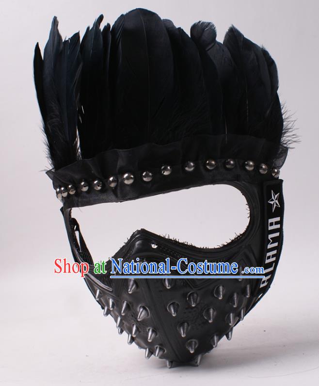 Party Performance Rivets Face Mask Professional Rio Carnival Headwear Cosplay Black Feather Mask