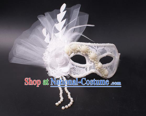 Cosplay Party Deluxe Lace Flower Mask Handmade White Feather Face Mask Halloween Stage Performance Headpiece