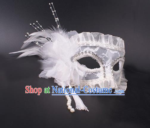 Handmade White Feather Face Mask Halloween Stage Performance Headpiece Cosplay Party Deluxe Feather Mask