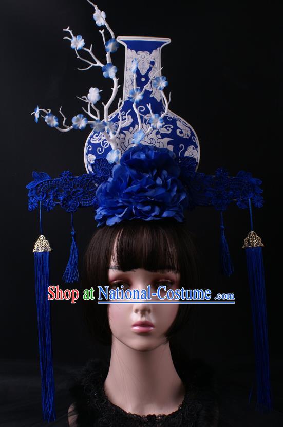 China Stage Show Headdress Catwalks Blue Vase Hair Crown Giant Peony Fan Hair Accessories