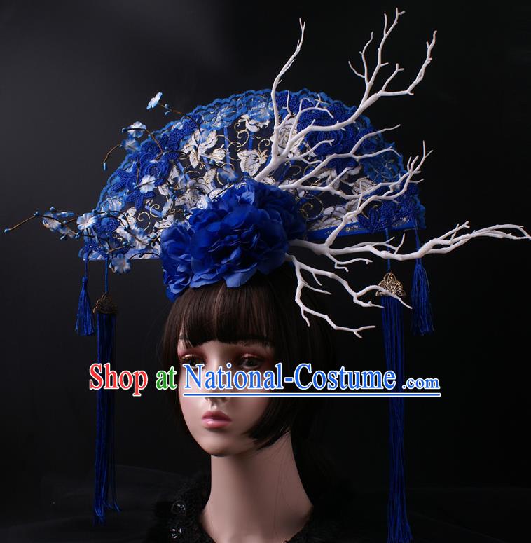 China Giant Blue Lace Fan Hair Accessories Stage Show Headdress Catwalks Tassel Hair Crown