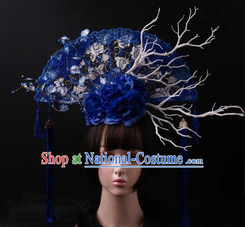 China Giant Blue Lace Fan Hair Accessories Stage Show Headdress Catwalks Tassel Hair Crown