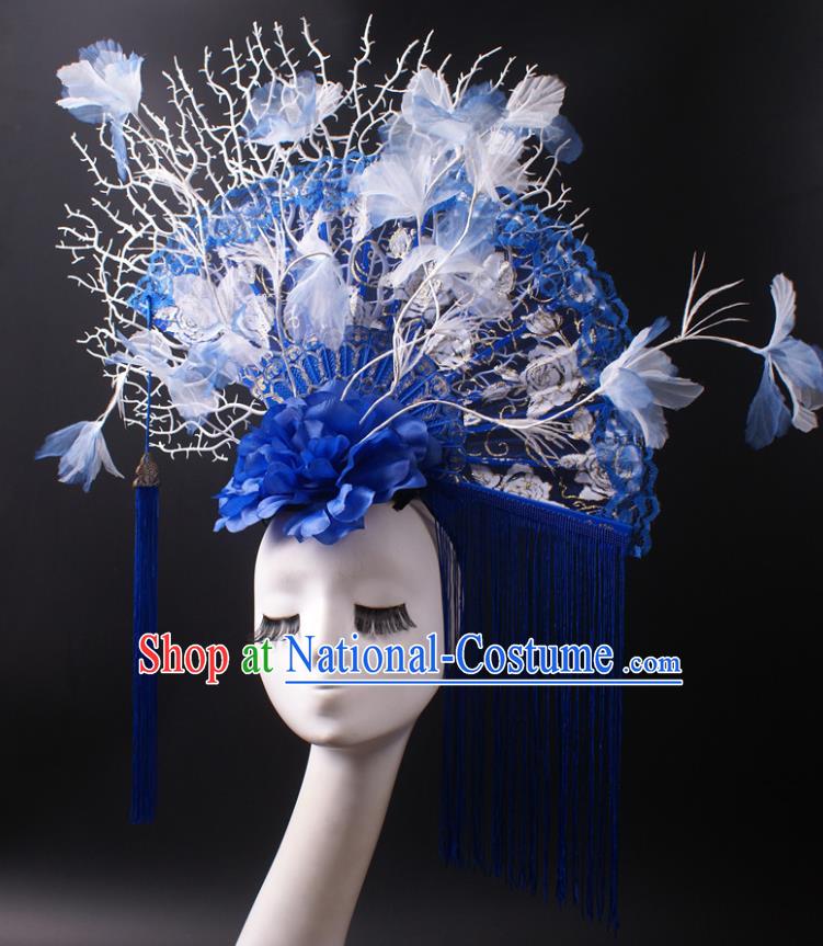 China Catwalks Tassel Hair Crown Giant Blue Lace Fan Hair Accessories Stage Show Headdress