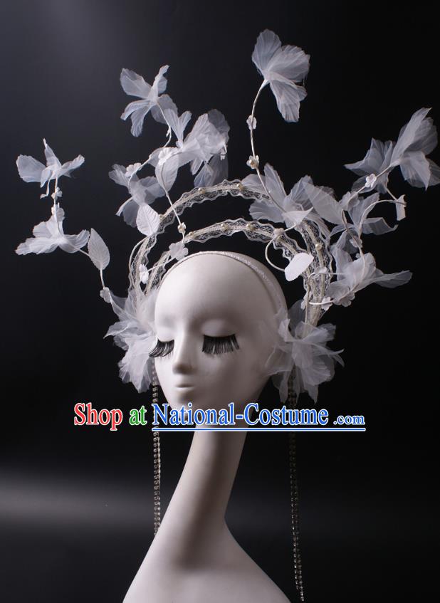 Top Baroque Giant Headdress Rio Carnival Decorations Halloween Cosplay Hair Accessories Stage Show White Silk Flowers Hair Crown