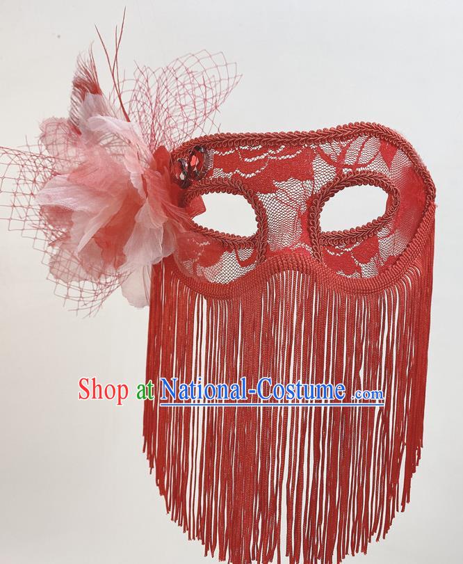 Handmade Red Tassel Face Mask Halloween Stage Performance Headpiece Cosplay Party Deluxe Lace Flower Mask