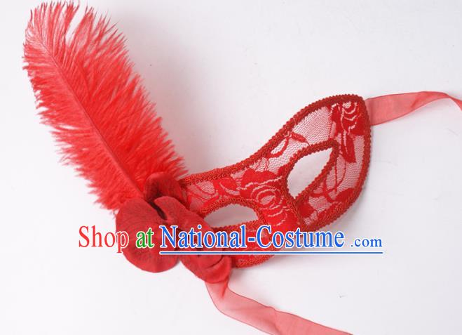 Halloween Stage Performance Headpiece Cosplay Party Deluxe Lace Mask Handmade Red Feather Face Mask