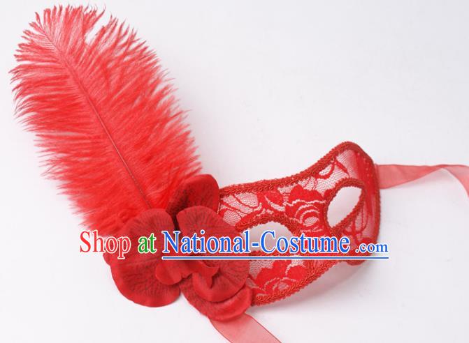 Halloween Stage Performance Headpiece Cosplay Party Deluxe Lace Mask Handmade Red Feather Face Mask