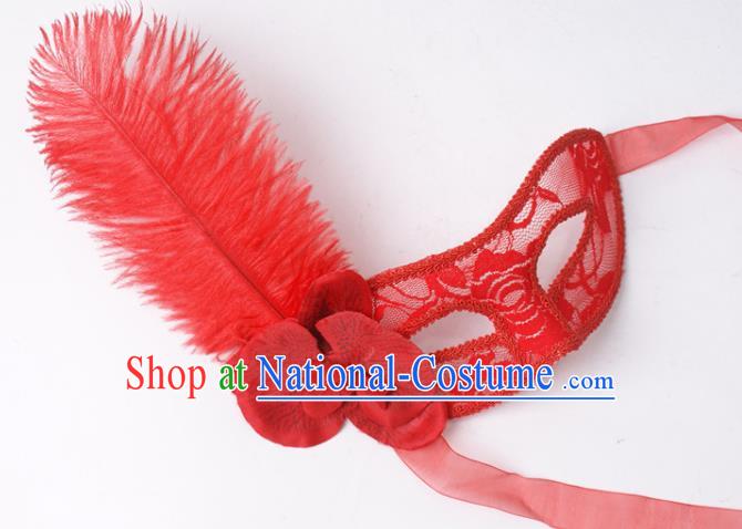 Halloween Stage Performance Headpiece Cosplay Party Deluxe Lace Mask Handmade Red Feather Face Mask