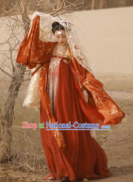 China Traditional Tang Dynasty Palace Beauty Historical Clothing Ancient Court Princess Red Hanfu Dress Garments