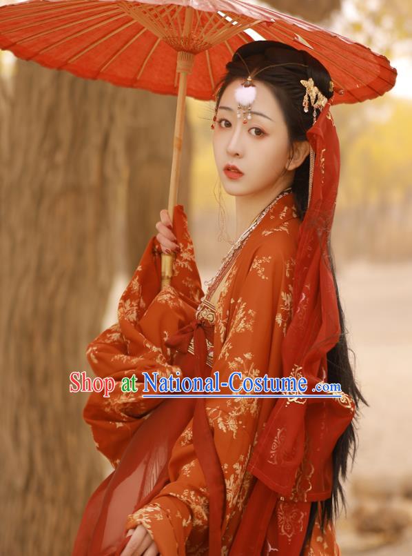 China Traditional Tang Dynasty Palace Beauty Historical Clothing Ancient Court Princess Red Hanfu Dress Garments