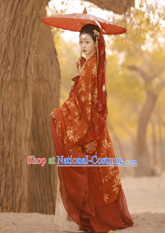 China Traditional Tang Dynasty Palace Beauty Historical Clothing Ancient Court Princess Red Hanfu Dress Garments