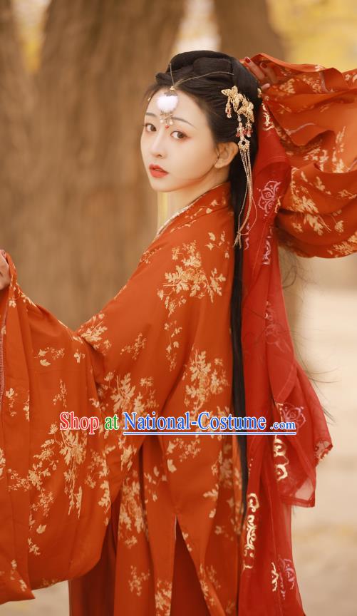 China Traditional Tang Dynasty Palace Beauty Historical Clothing Ancient Court Princess Red Hanfu Dress Garments