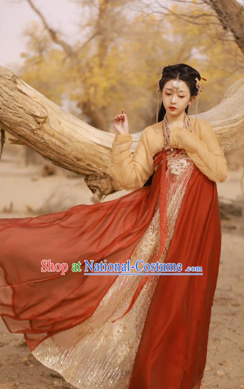 China Traditional Tang Dynasty Palace Beauty Historical Clothing Ancient Court Princess Red Hanfu Dress Garments