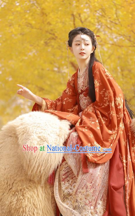 China Traditional Tang Dynasty Palace Beauty Historical Clothing Ancient Court Princess Red Hanfu Dress Garments