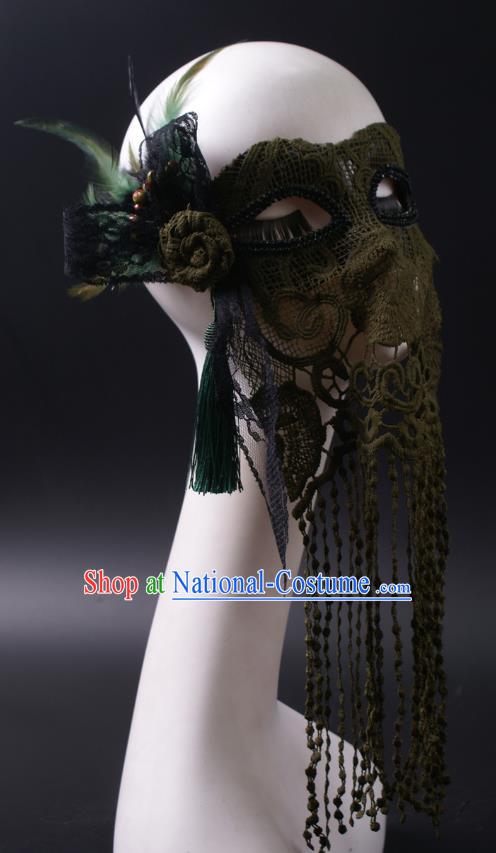 Handmade Deluxe Atrovirens Tassel Face Mask Halloween Stage Performance Blinder Headpiece Cosplay Party Lace Feather Mask