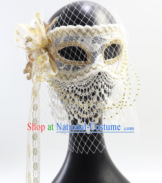 Halloween Stage Performance Blinder Headpiece Cosplay Party White Veil Mask Handmade Deluxe Lace Face Mask