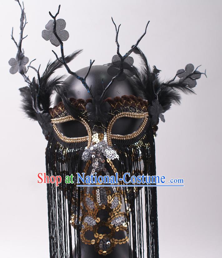 Halloween Stage Performance Feather Headpiece Cosplay Party Sequins Mask Handmade Deluxe Black Tassel Face Mask