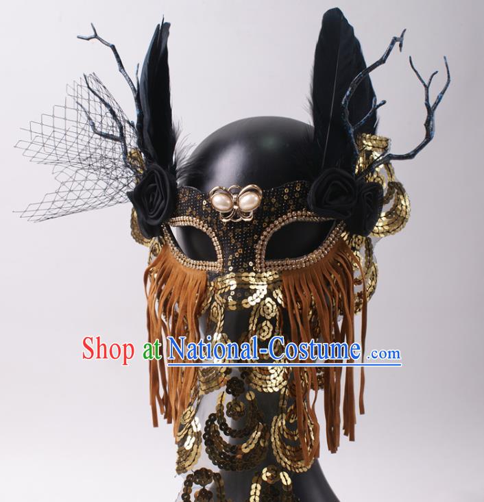 Handmade Deluxe Brown Tassel Face Mask Halloween Stage Performance Feather Headpiece Cosplay Party Sequins Mask