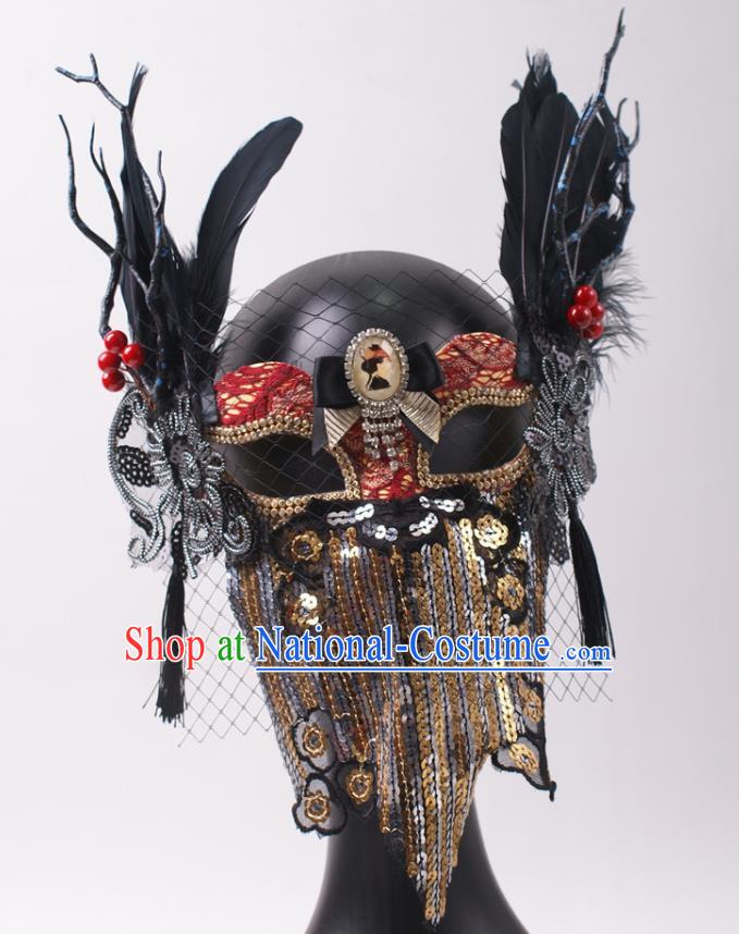 Cosplay Party Sequins Mask Handmade Deluxe Branch Face Mask Halloween Stage Performance Black Feather Headpiece