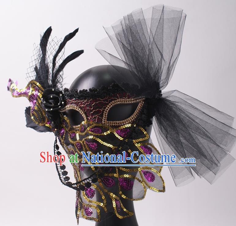 Halloween Stage Performance Veil Headpiece Cosplay Party Purple Sequins Peacock Mask Handmade Deluxe Feather Face Mask