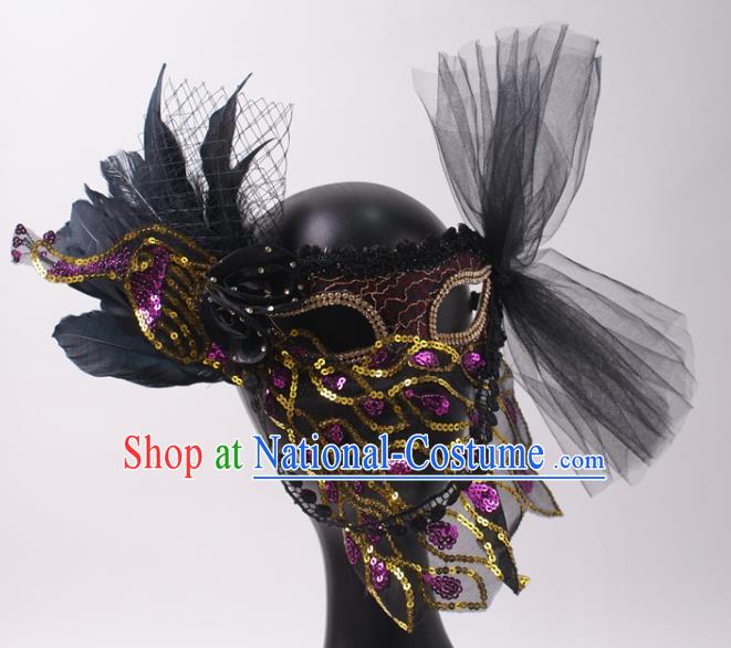 Halloween Stage Performance Veil Headpiece Cosplay Party Purple Sequins Peacock Mask Handmade Deluxe Feather Face Mask