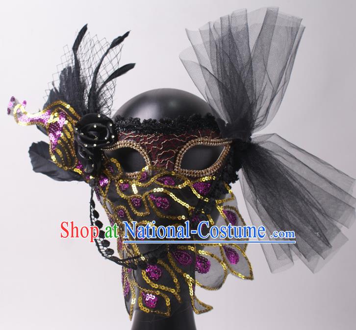 Halloween Stage Performance Veil Headpiece Cosplay Party Purple Sequins Peacock Mask Handmade Deluxe Feather Face Mask