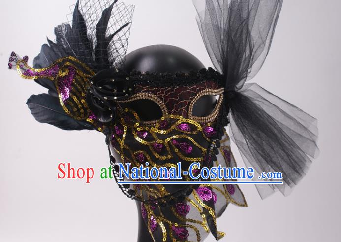 Halloween Stage Performance Veil Headpiece Cosplay Party Purple Sequins Peacock Mask Handmade Deluxe Feather Face Mask