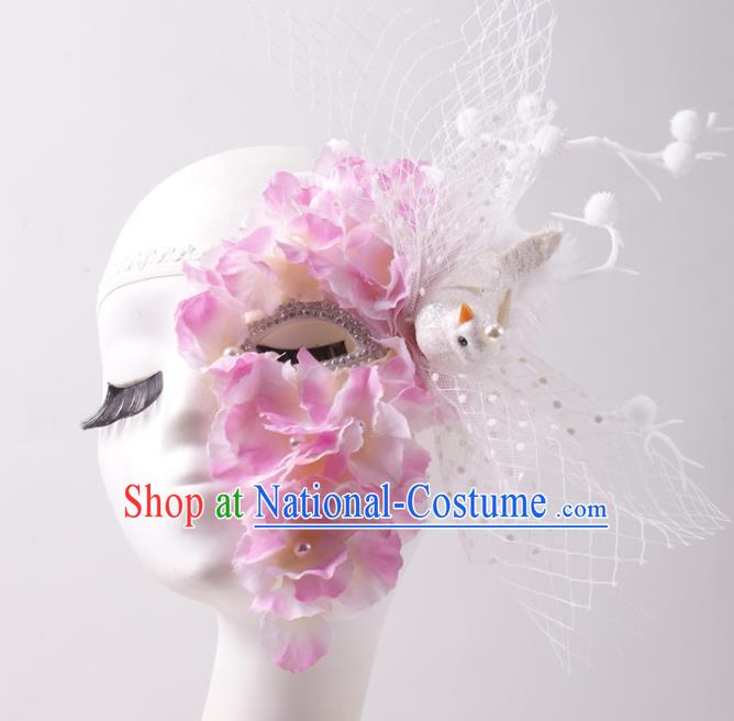 Cosplay Party White Veil Mask Halloween Handmade Half Face Mask Stage Performance Pink Silk Flowers Headpiece