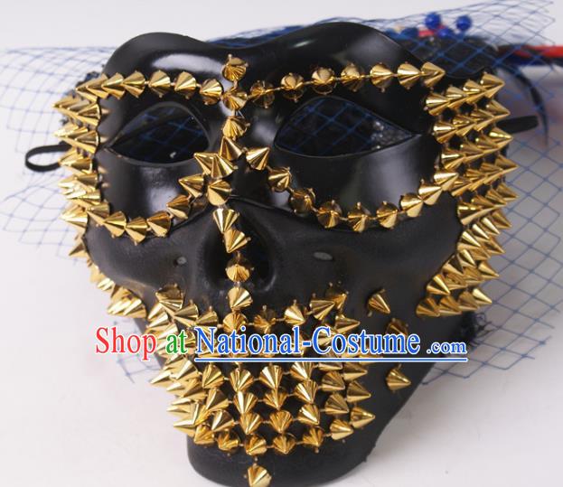 Professional Stage Performance Rivet Face Mask Rio Carnival Headwear Halloween Party Male Cosplay Black Mask