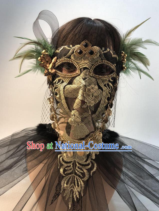 Cosplay Party Golden Lace Mask Halloween Handmade Feather Full Face Mask Stage Performance Headpiece