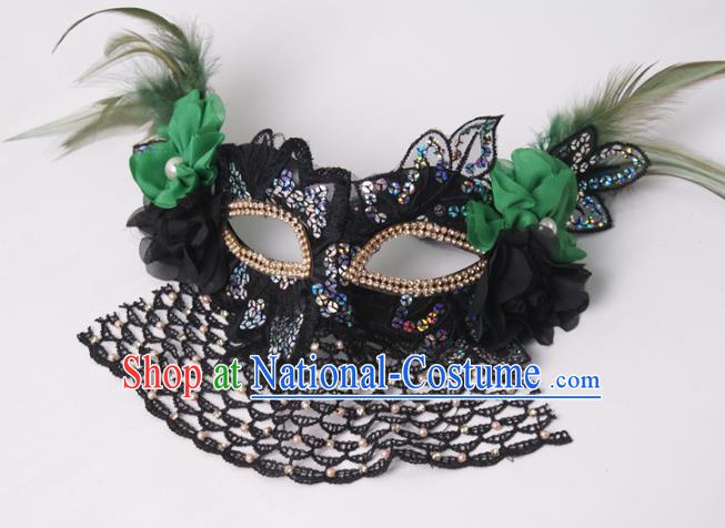 Handmade Green Flower Face Mask Stage Performance Headpiece Halloween Cosplay Party Veil Feather Mask