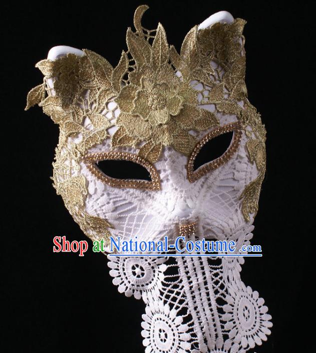 Handmade Stage Performance Headpiece Halloween Cosplay Party Golden Lace Mask Carnival White Cat Face Mask