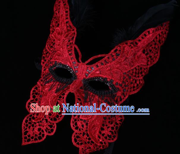 Handmade Carnival Red Lace Butterfly Face Mask Stage Performance Headpiece Halloween Cosplay Party Full Mask