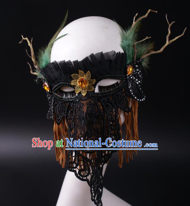 Handmade Halloween Cosplay Party Black Lace Mask Carnival Feather Branch Face Mask Stage Performance Headpiece