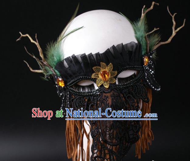 Handmade Halloween Cosplay Party Black Lace Mask Carnival Feather Branch Face Mask Stage Performance Headpiece