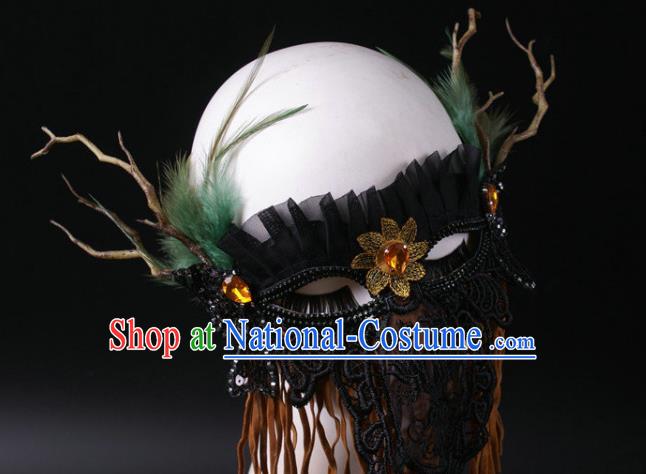 Handmade Halloween Cosplay Party Black Lace Mask Carnival Feather Branch Face Mask Stage Performance Headpiece