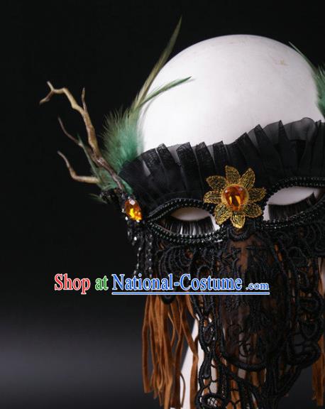 Handmade Halloween Cosplay Party Black Lace Mask Carnival Feather Branch Face Mask Stage Performance Headpiece