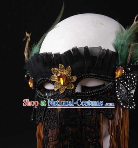 Handmade Halloween Cosplay Party Black Lace Mask Carnival Feather Branch Face Mask Stage Performance Headpiece