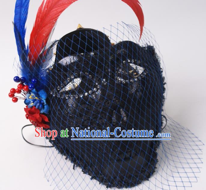 Halloween Party Male Cosplay Black Mask Professional Stage Performance Feather Face Mask Rio Carnival Headwear