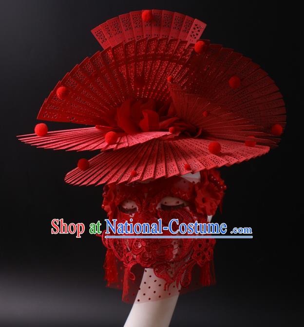 China Stage Show Headdress Catwalks Red Fans Hair Crown Giant Hair Accessories