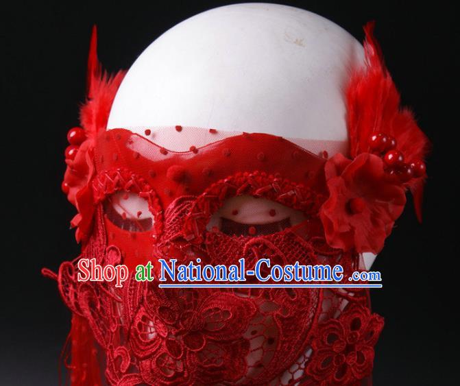 Handmade Stage Performance Blinder Headpiece Halloween Cosplay Party Lace Mask Carnival Red Feather Face Mask